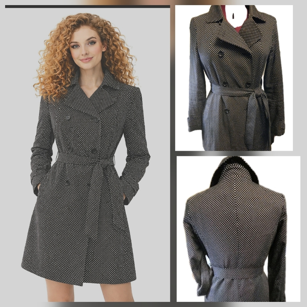 ☂️🪺🐇🌸 Tommy Hilfiger Polka Dot Trench Coat Black White Machine Wash Size L